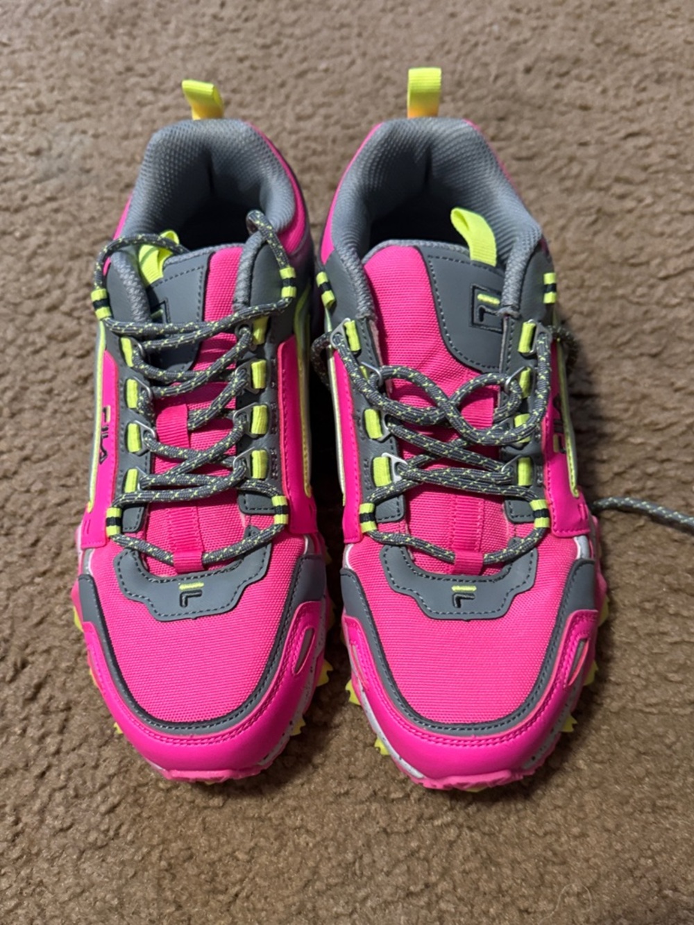 Fila Women's Hot Pink and Gray Athletic Trail Sneakers with Neon Yellow Accents